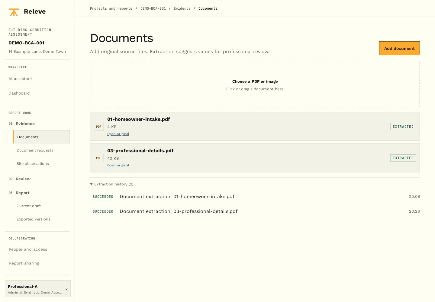 Documents: synthetic homeowner and professional PDFs extracted, with originals and extraction history kept.