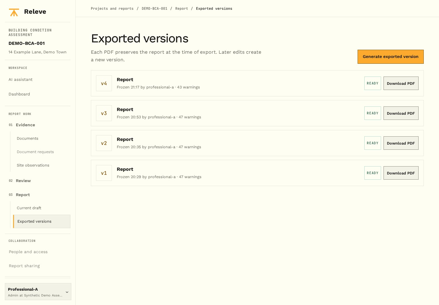 Exported versions: four frozen reports with ready PDF downloads and outstanding review warnings.