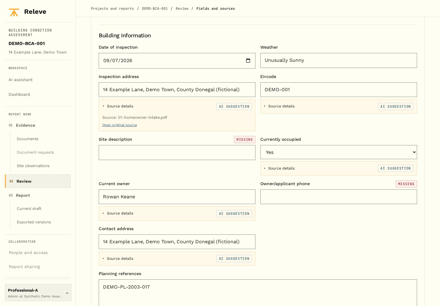 Review: building information with AI suggestions, missing fields and an expanded link to the original homeowner document.
