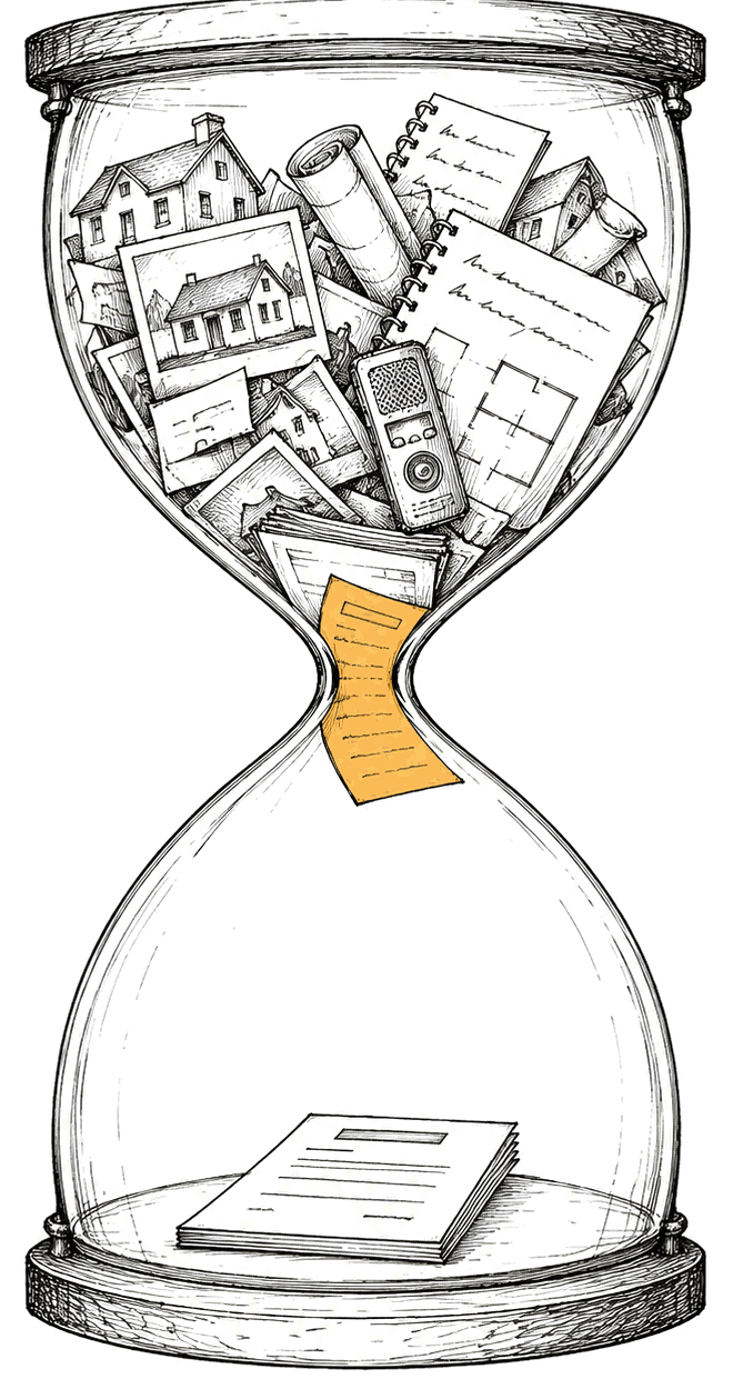 Pen sketch of an hourglass: the top crammed with photos, notes, planning drawings, a voice recorder and tiny cottages; a single amber sheet squeezes through the narrow neck; one finished report lies at the bottom.