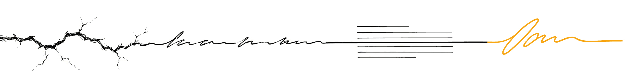 One unbroken pen line running left to right: a crack in a wall becomes handwriting, then the ruled lines of a report, then an amber signature.