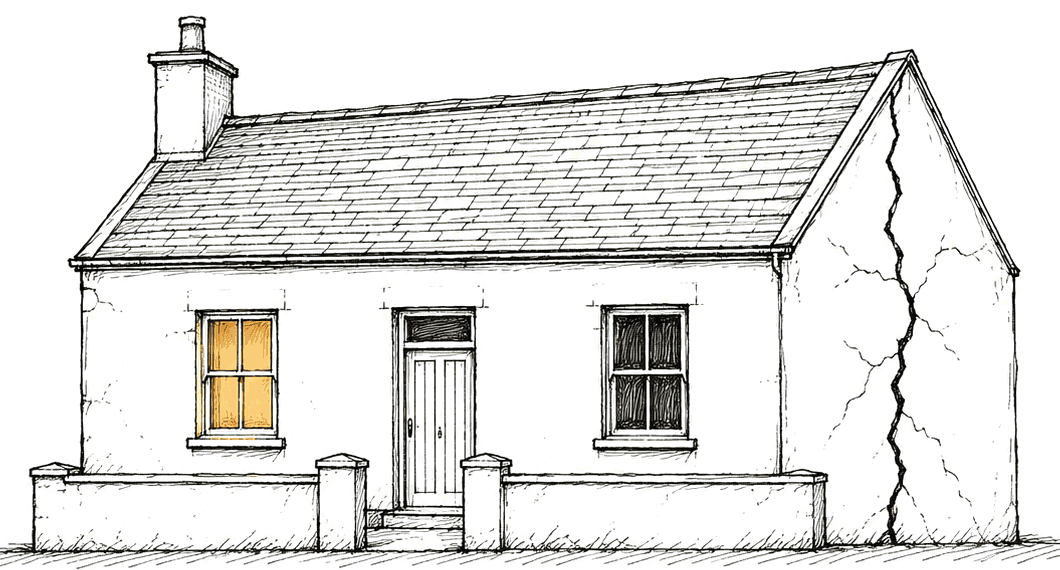 Pen sketch of a single-storey Irish cottage with a long crack running down its gable wall.